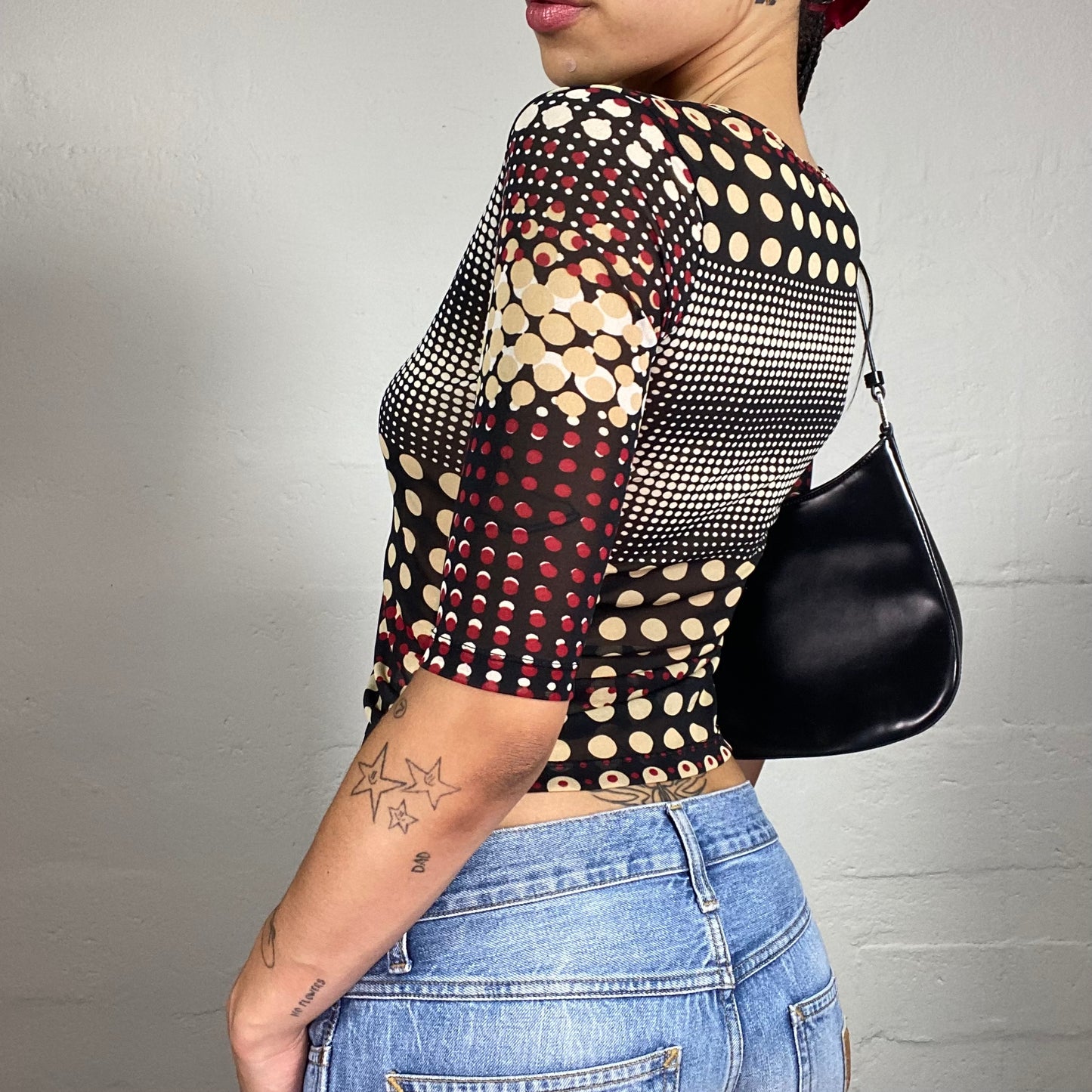 Vintage 2000's Pop Brown and Beige Toned Polka Dot Print Top with Red Accent (S)