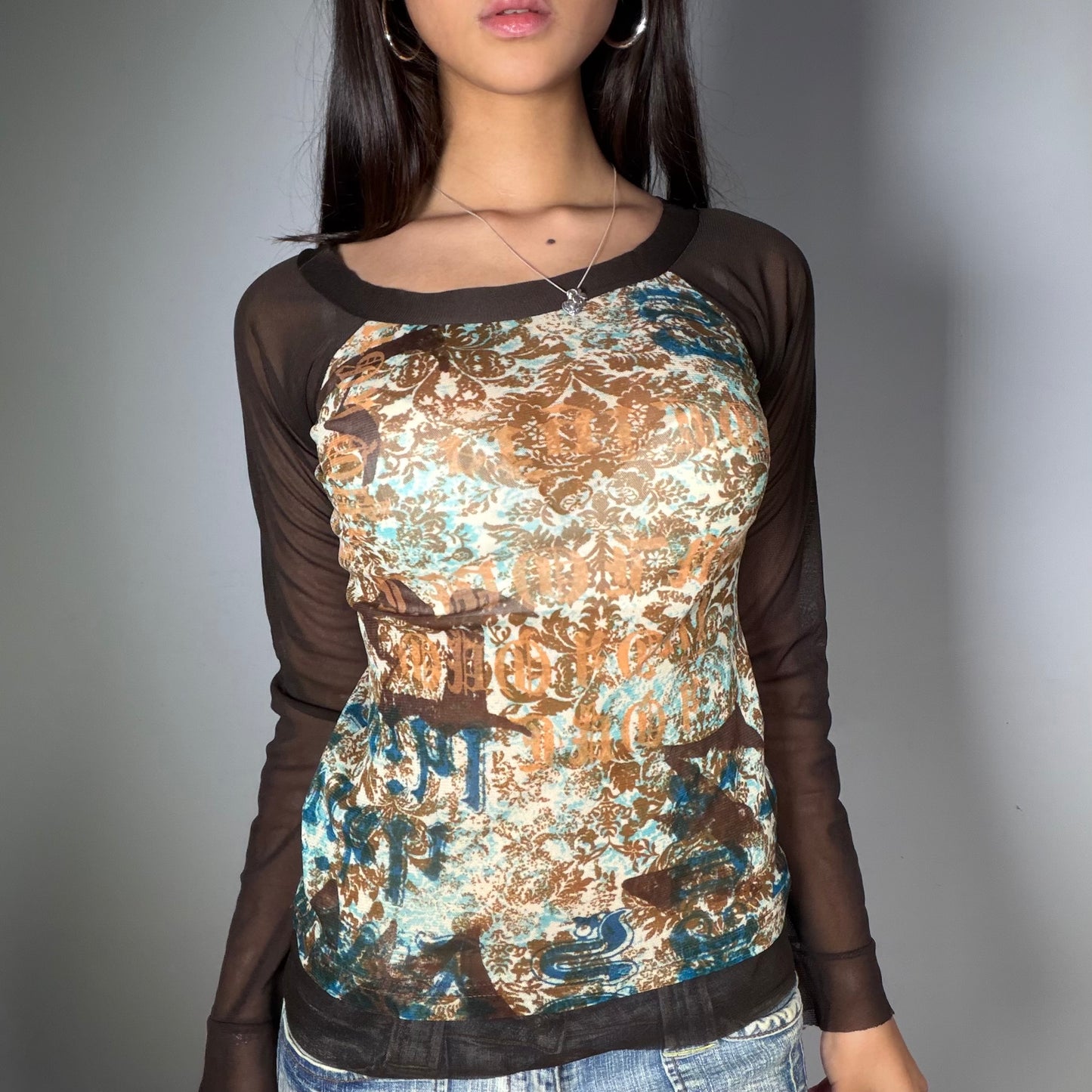 Vintage 90’s Festival Brown and Teal Mesh Long-Sleeve Top (S)