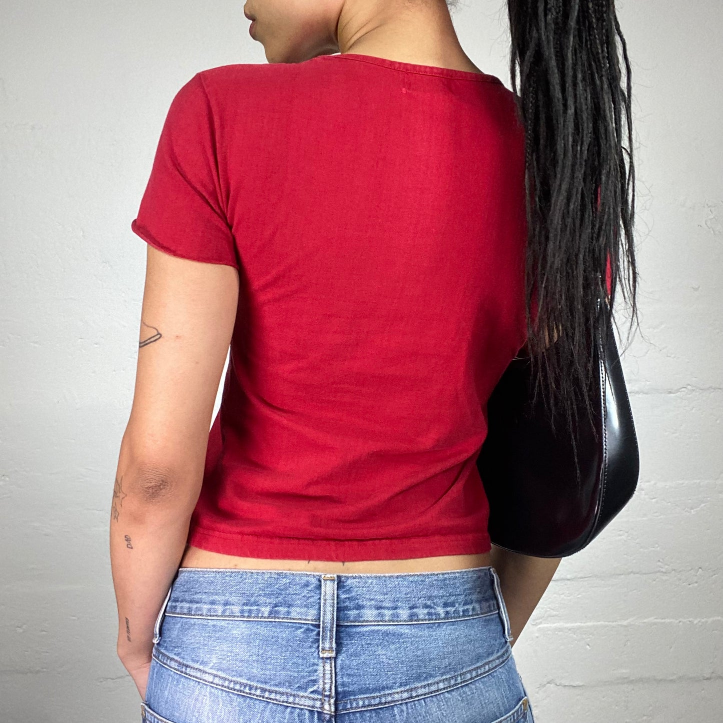 Vintage 2000's Skater Girl Red Baby Tee with 80’s Style Print (M)