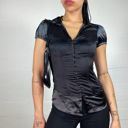 Vintage 2000's Office Girl Doll Cut Black Satin Top with Corset Bustier (S)