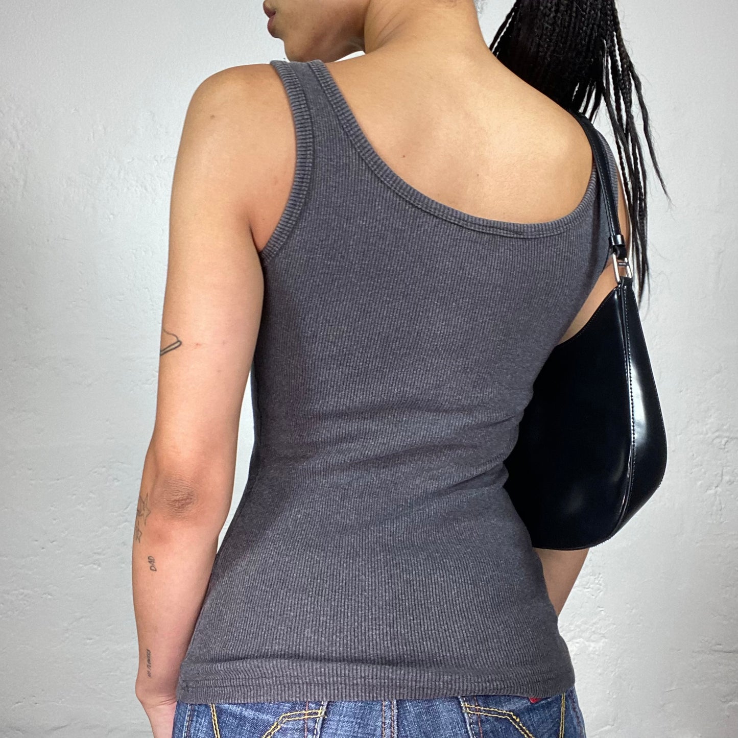 Vintage 2000's Downtown Girl Grey Jersey Tank Top With Yellow Printed Flower Embroidery (S)