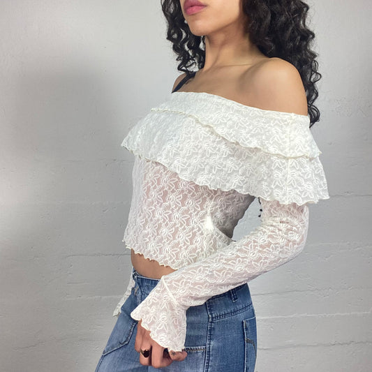 Vintage 2000's Romantic White Lace Fabric Off Shoulders Layered Ruffles Top with Flared Sleeves (S)