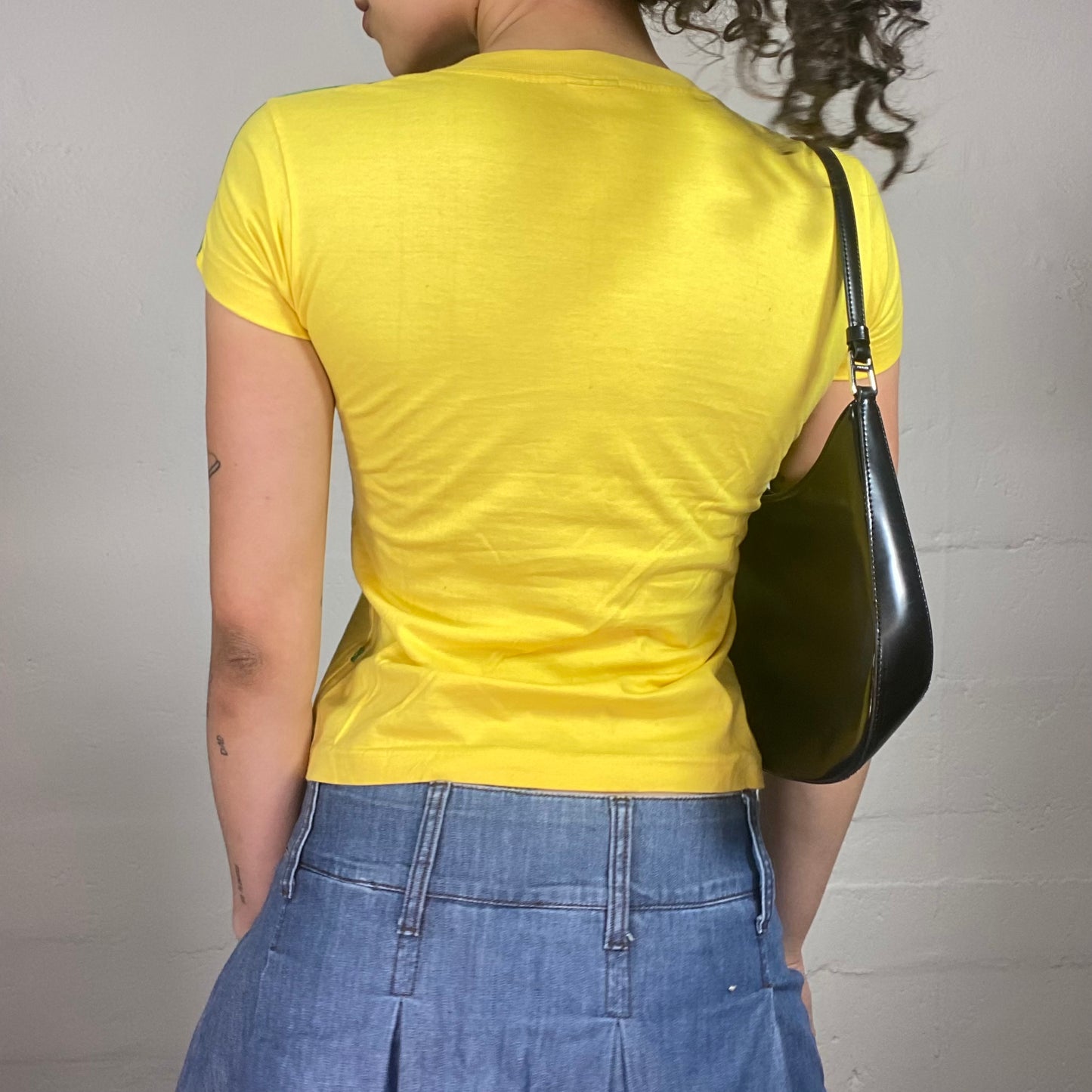 Vintage 2000's Summer Yellow Baby Tee with Green Details and Neck Cut (S)