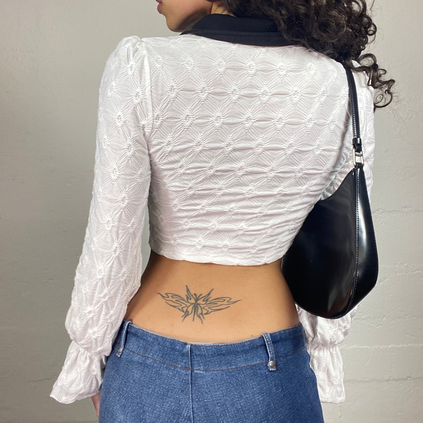 Vintage 2000's Coquette Polo Lace Fabric White Zip Up Cropped Top with Contrast Collar (S)