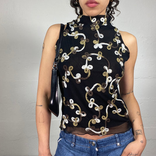 Vintage 2000's Chic Black Sleeves Turtleneck Top with Beige and White Decorative Embroidery (L)