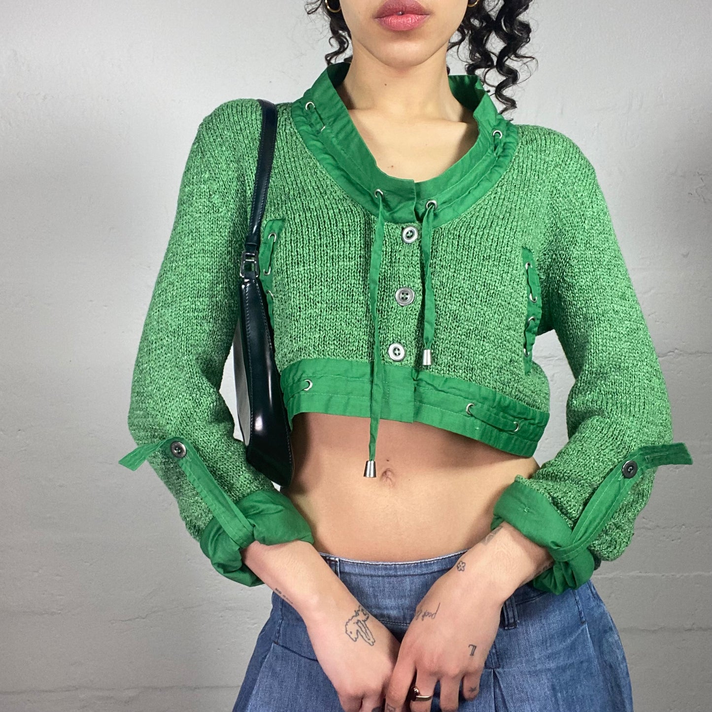 Vintage 2000's Sporty Knitted Green Longsleeve Crop Top with Multiple Details (S)