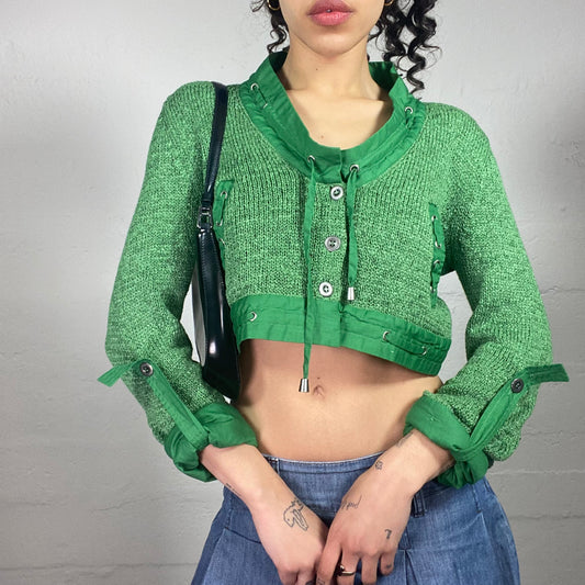 Vintage 2000's Sporty Knitted Green Longsleeve Crop Top with Multiple Details (S)