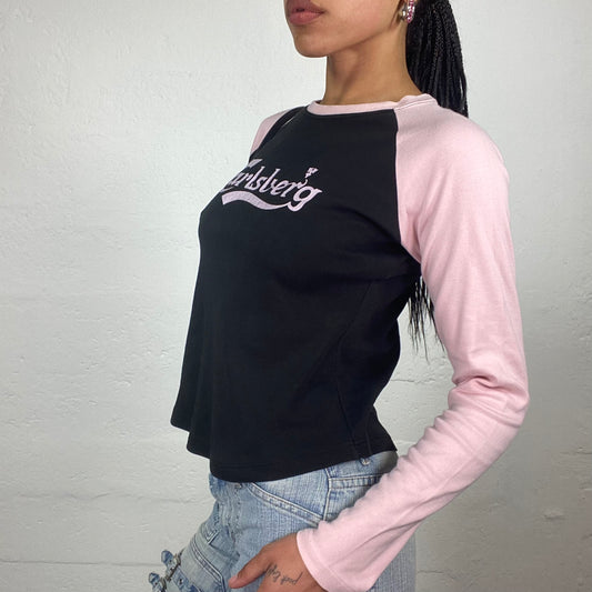 Vintage 2000’s Downtown Girl Baby Pink and Black Longsleeve Top with Pink Typography Print (M)