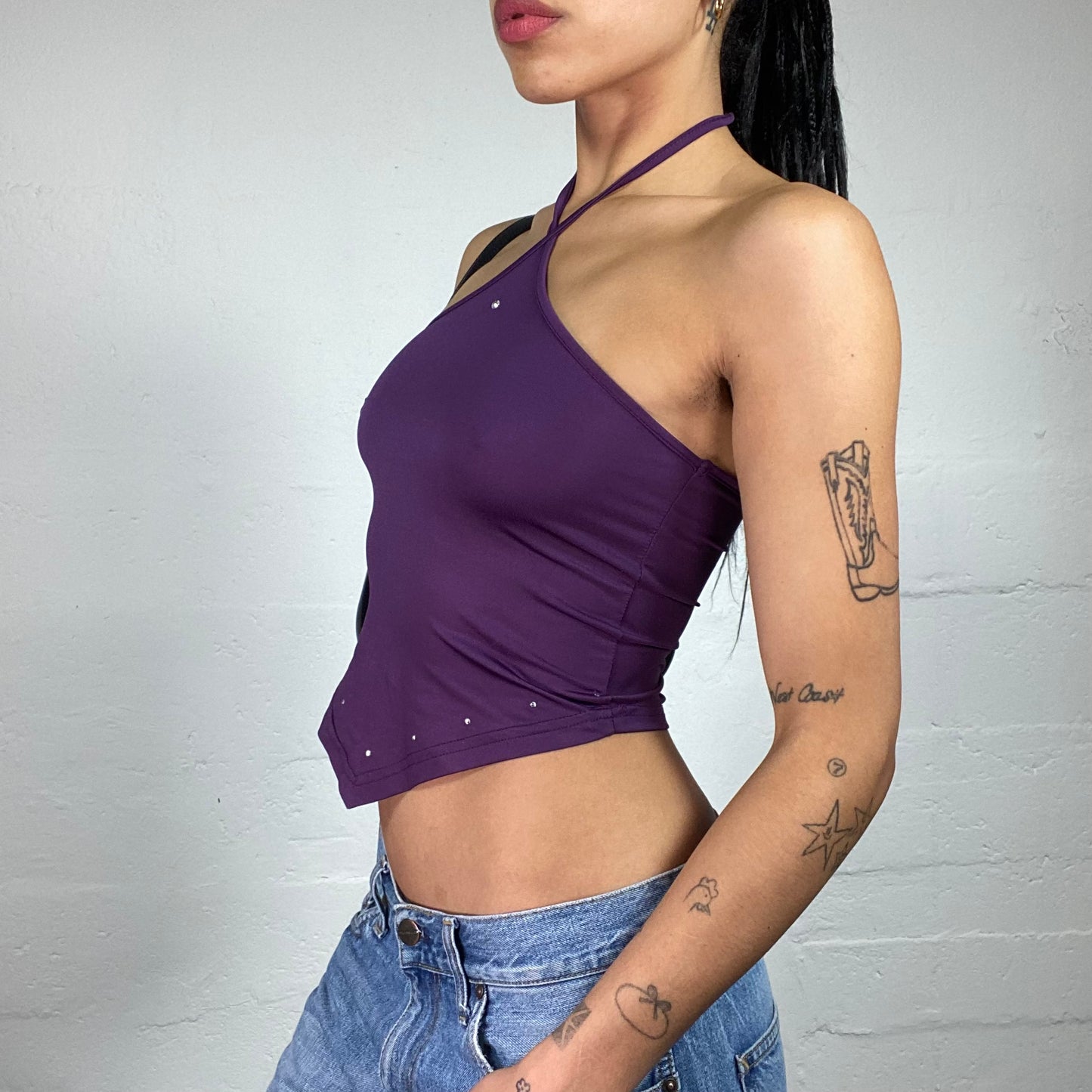 Vintage 2000's Cowgirl Purple Mini Cropped Neckholder Top with Rhinestone Details (S)