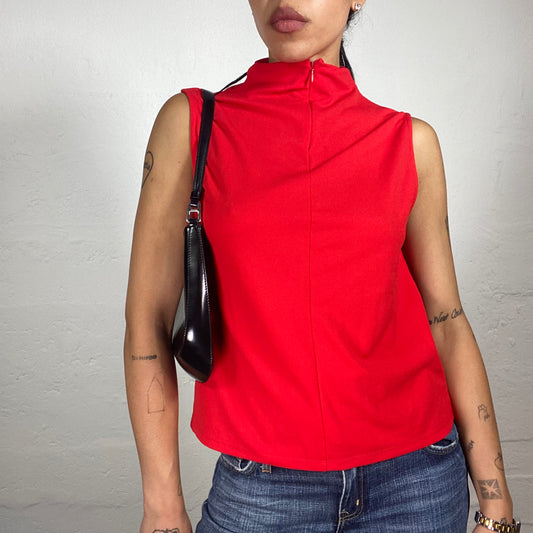 Vintage 2000's Downtown Girl Intense Red Sleeveless Draped Zip Up Top (M)