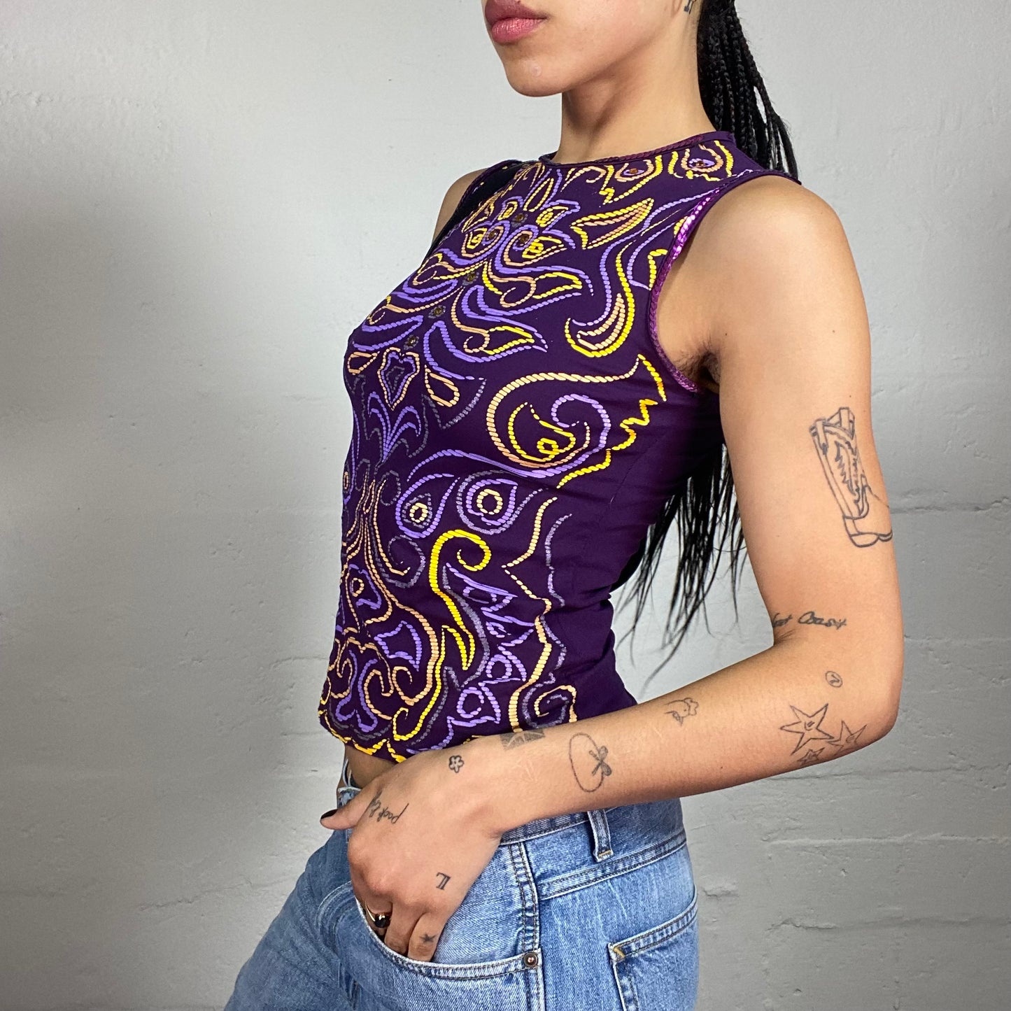 Vintage 2000's Summer Purple Tank Top with Matching Tone and Contrast Yellow Abstract Print (S)