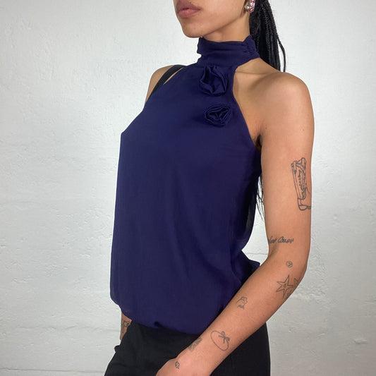 Vintage 2000’s Romantic Midnight Purple Turtleneck Top with Roses Details (S)