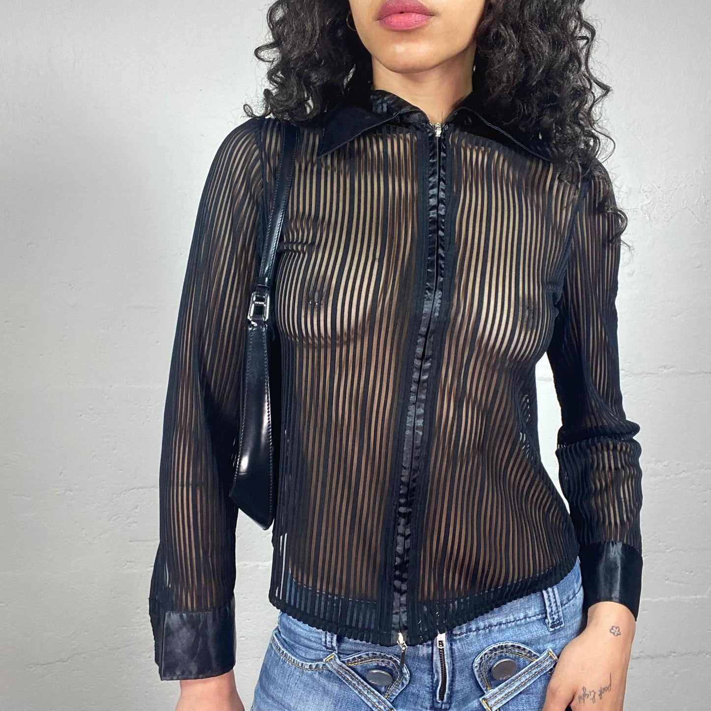 Vintage 2000's Clubwear Mesh Striped Black Zip Up Collared Shirt (M)