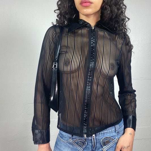Vintage 2000's Clubwear Mesh Striped Black Zip Up Collared Shirt (M)