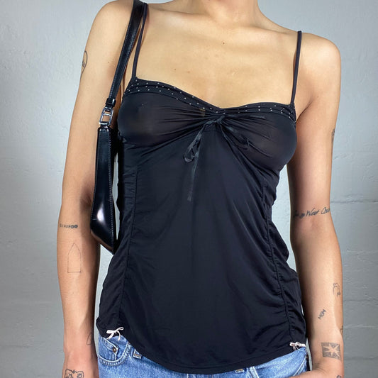 Vintage 2000's Clubwear Black Draped Cami Top with Silky Ribbon Detail (M)