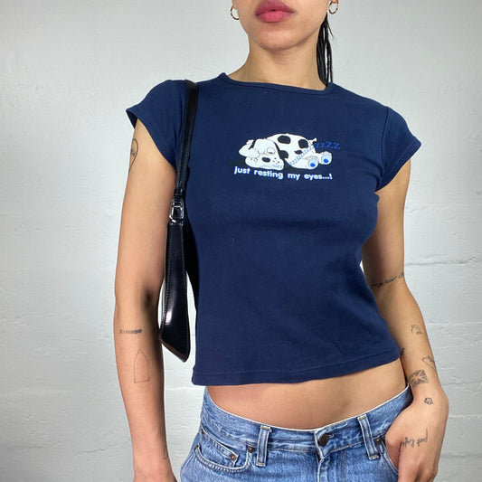 Vintage 2000's Skater Girl Navy Blue Just Resting My Eyes Puppy Printed Baby Tee (S)