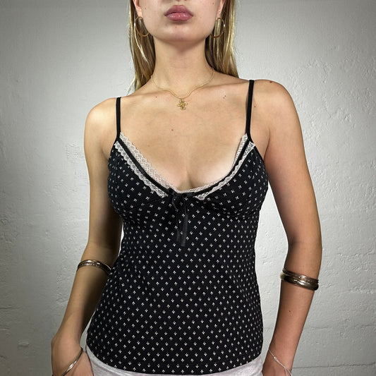 Vintage 2000's Lingerie Black Dot Print Cami Top with Lace Trim (S)