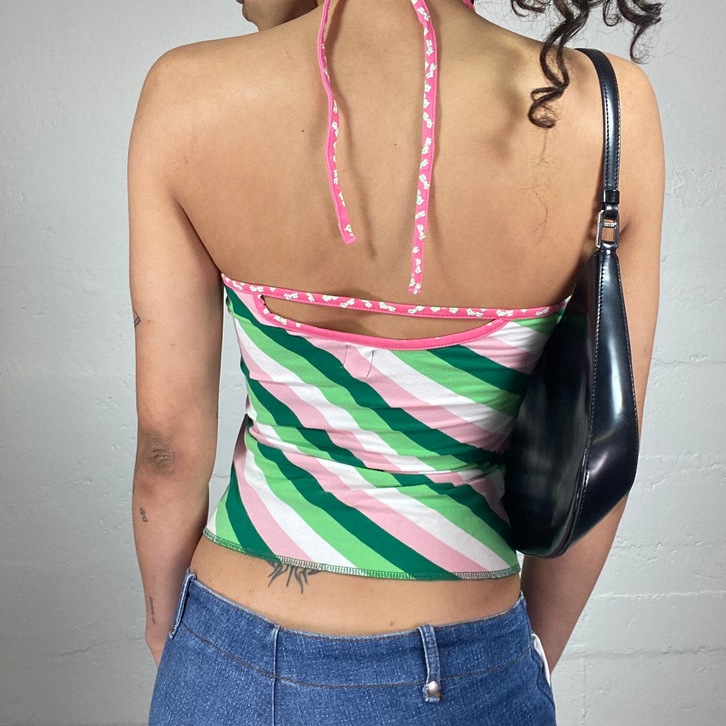 Vintage 2000's Fancy Beachwear Green and Pink Striped Neckholder Top with Shiny Pink 35 Print (M)