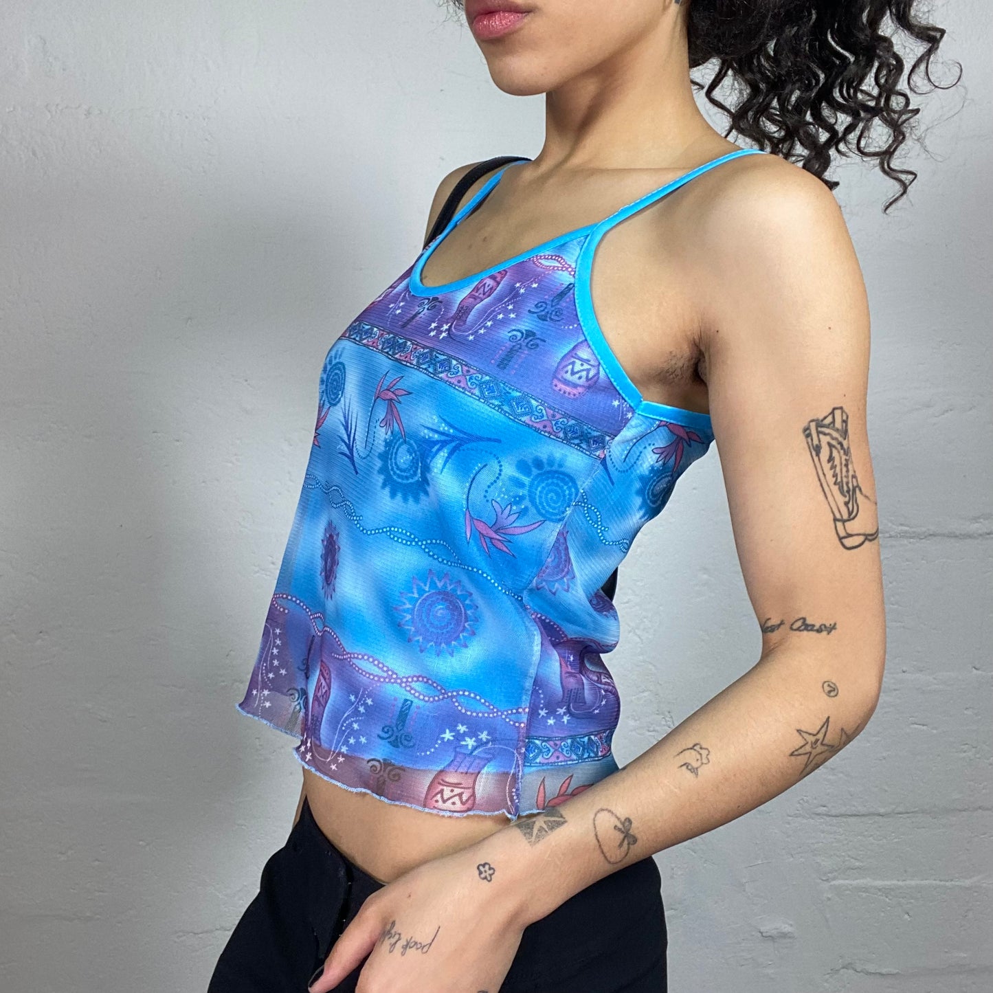 Vintage 2000's Hippie Aquamarine Blue Printed Summer Cami Top (L)
