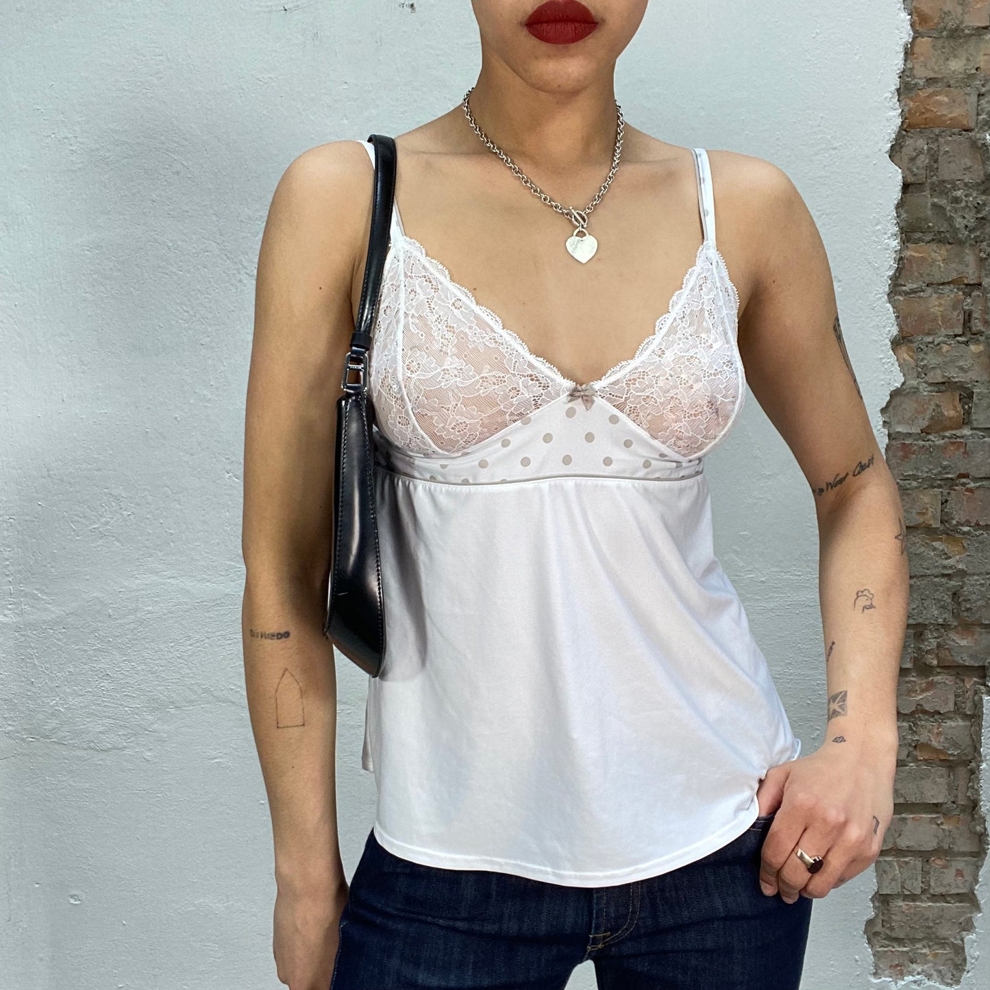 Vintage 2000's Lingerie White Cami Top with Lace Bust Part (S/M)