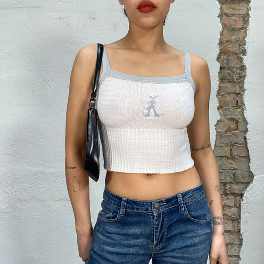 Vintage 2000's Streetstyle White Knit Crop Top with Skater Girl Print (S)