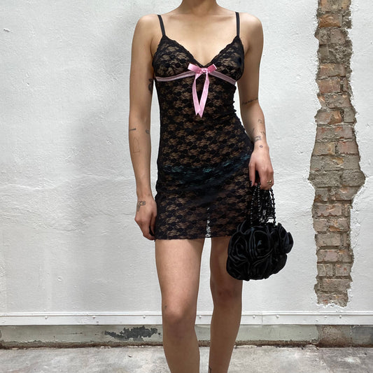 Vintage 2000's Lingerie Black Lace Dress with Pink Ribbon Detail (S)