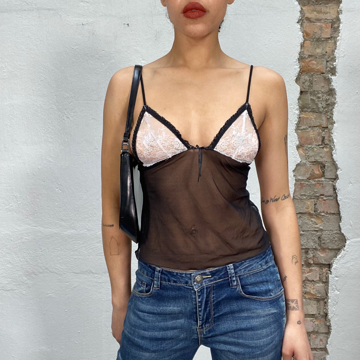Vintage 2000's Lingerie Brown Satin Cami Top with White Lace Bust Part (S)
