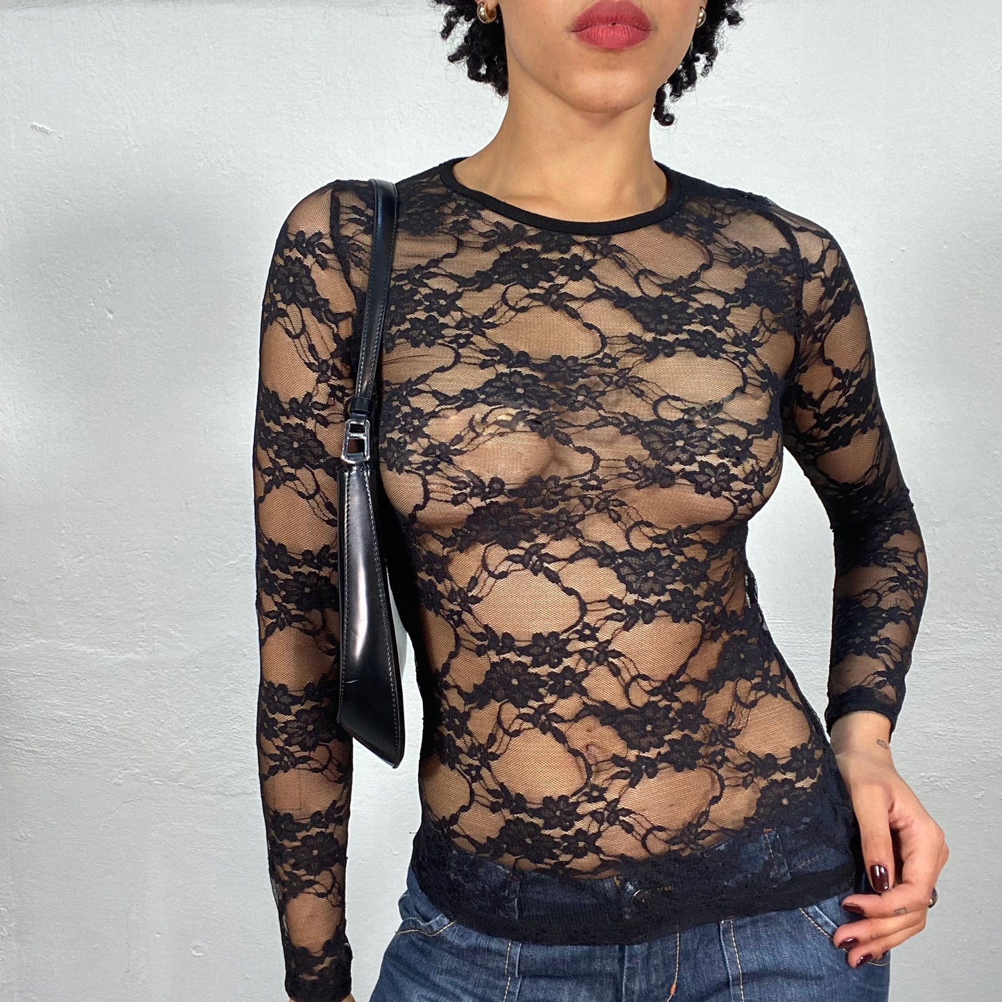 Vintage 90's Grunge Black Lace Longsleeve Top (S)