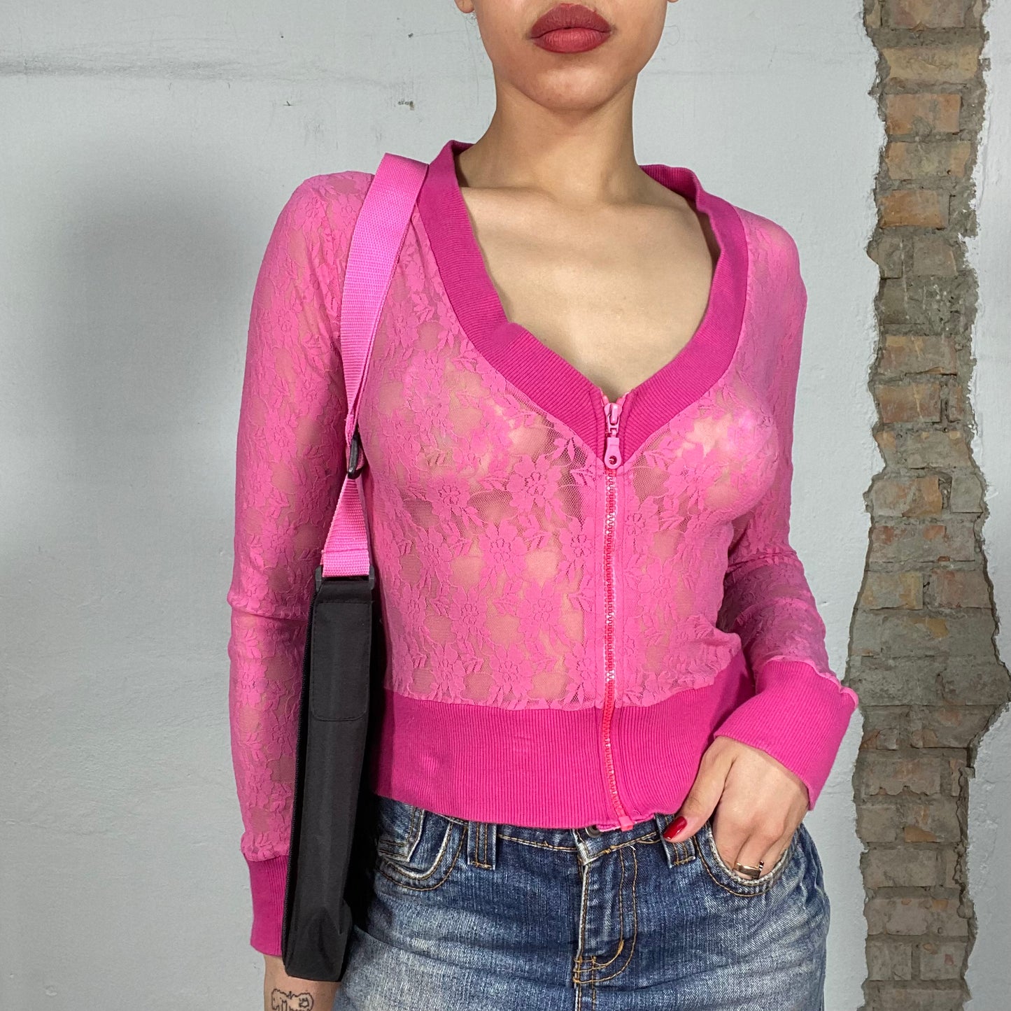 Vintage 2000's Funky Hot Pink Lace Zip Up Cardigan (S)