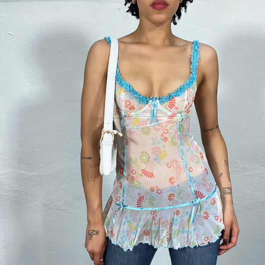 Vintage 2000's Lingerie White Mesh Corset Top with Floral Print (XS/S)