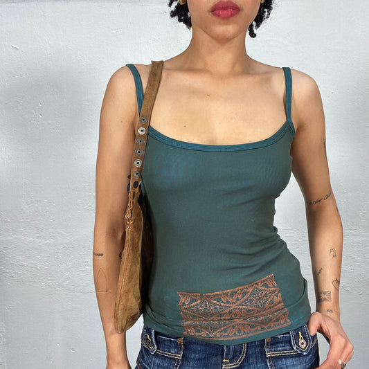 Vintage 2000's Indie Dark Petrtol Blue Top with Bronze Stamp Print (S)