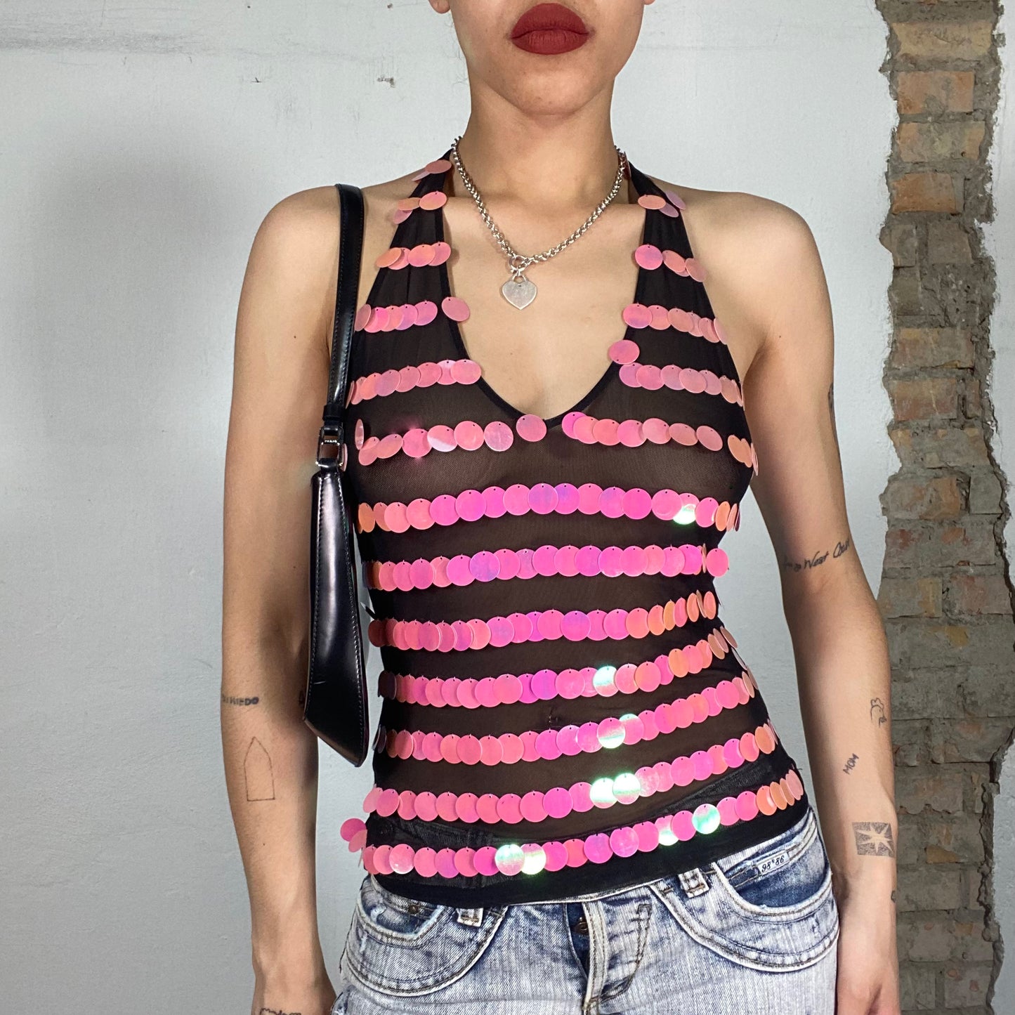 Vintage 2000's Festival Black Mesh Halter Neck Top with Pink Sequins (S)