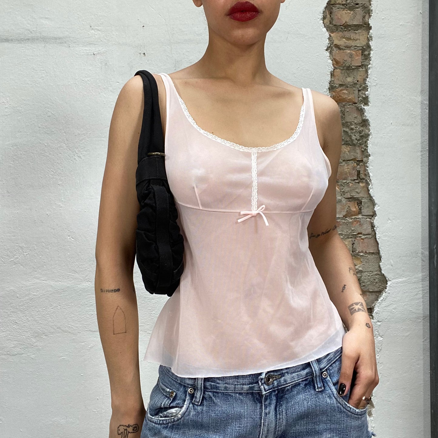 Vintage 90's Lingerie Light Pink Cami Top with Lace Detail (S)