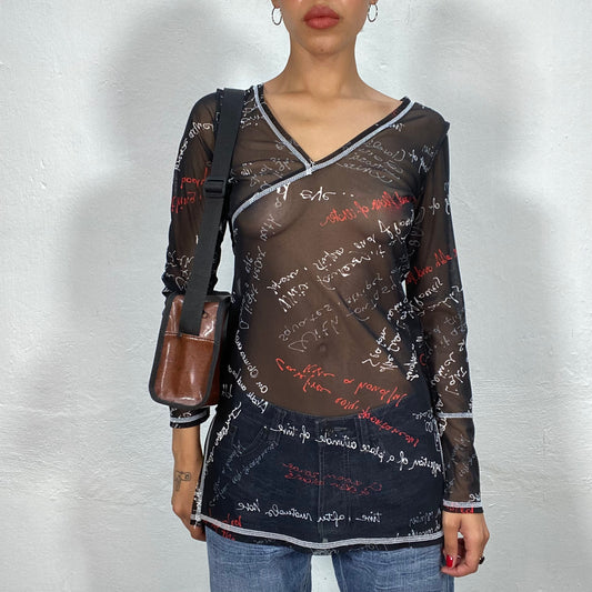 Vintage 2000's Funky Black Long Mesh Top with Writing Print (S/M)