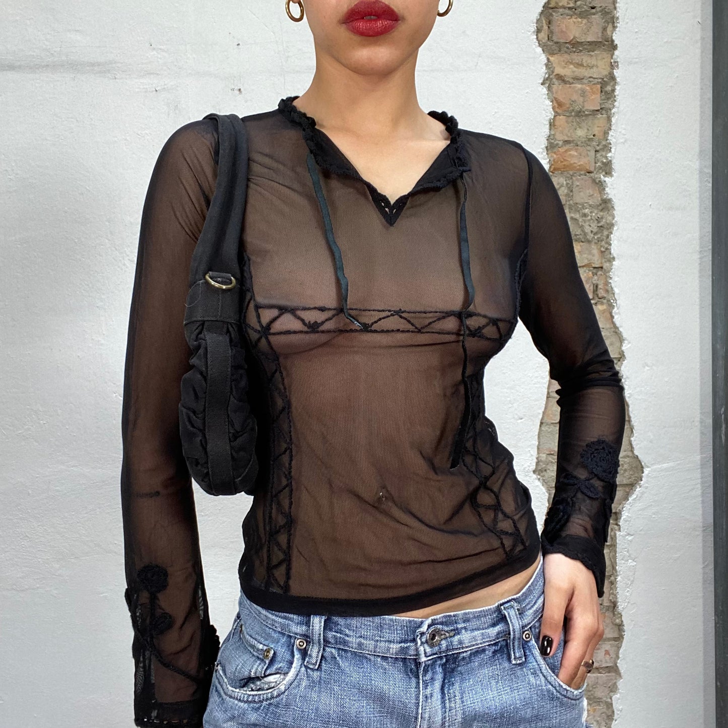 Vintage 2000's Indie Goth Black Mesh Top with Crochet Details (S/M)