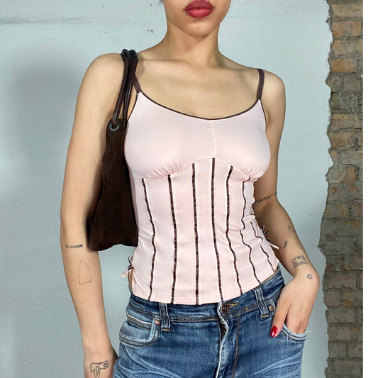 Vintage 2000's Soft Girl Light Pink Cami Corset Top with Black Boning Details (S)