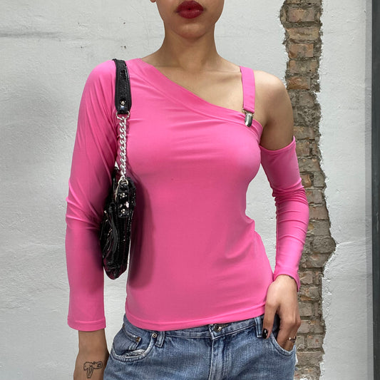 Vintage 2000's Barbie Pink One Sleeve Top with Buckle Detail (S)