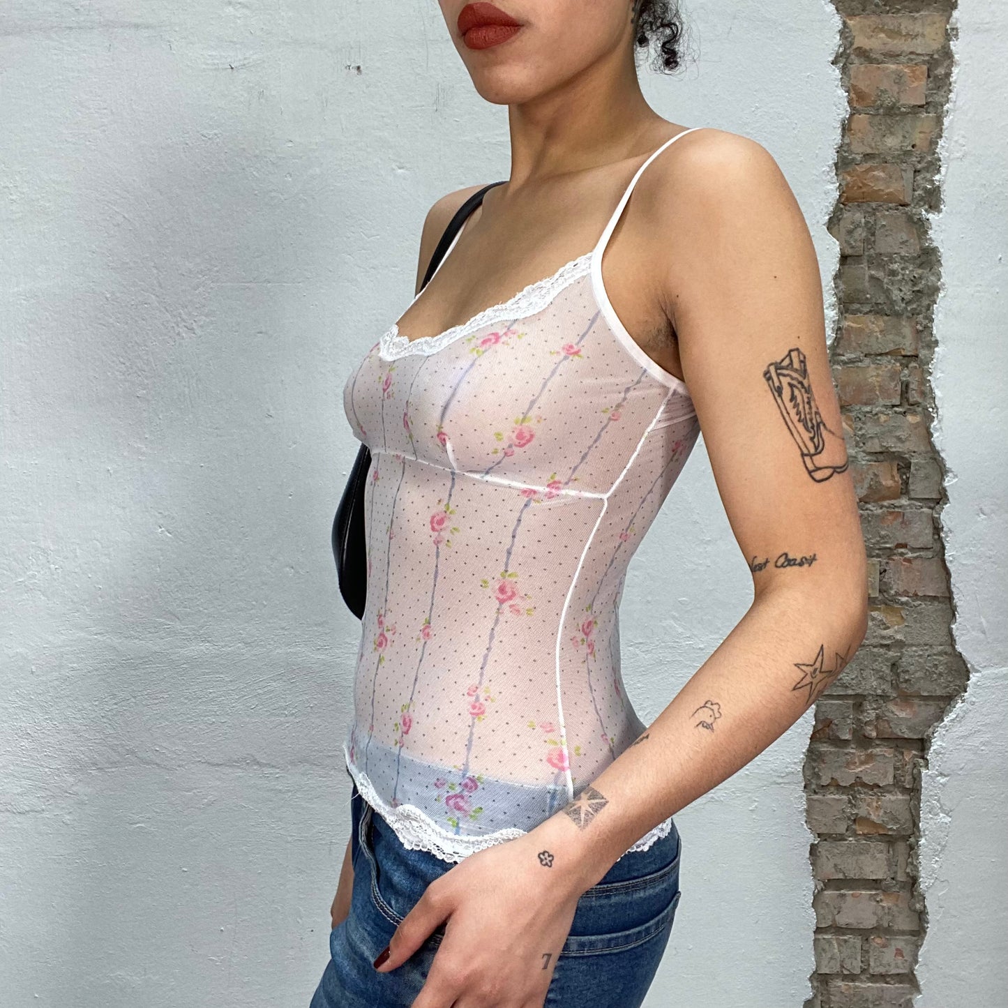 Vintage 90's Ballet White Mesh Cami Top with Rose Print (S)