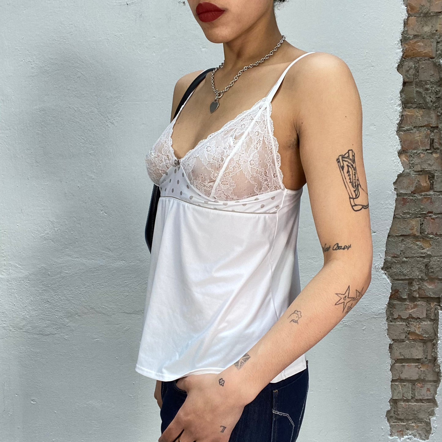 Vintage 2000's Lingerie White Cami Top with Lace Bust Part (S/M)