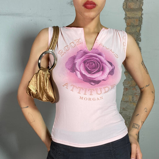Vintage 2000's Morgan De Toi Light Pink Top with Pink Rose Print (S)