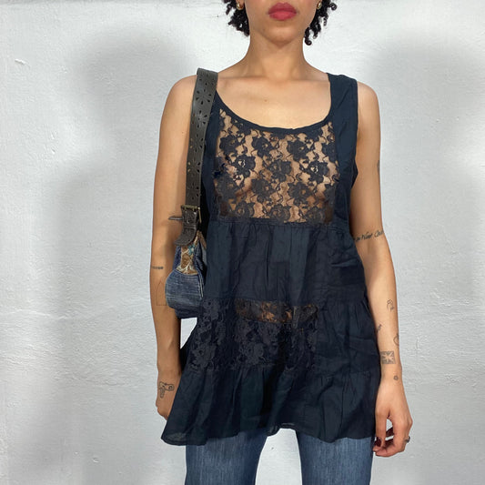 Vintage 2000's Summer Black Lace Baby Doll Top (M)
