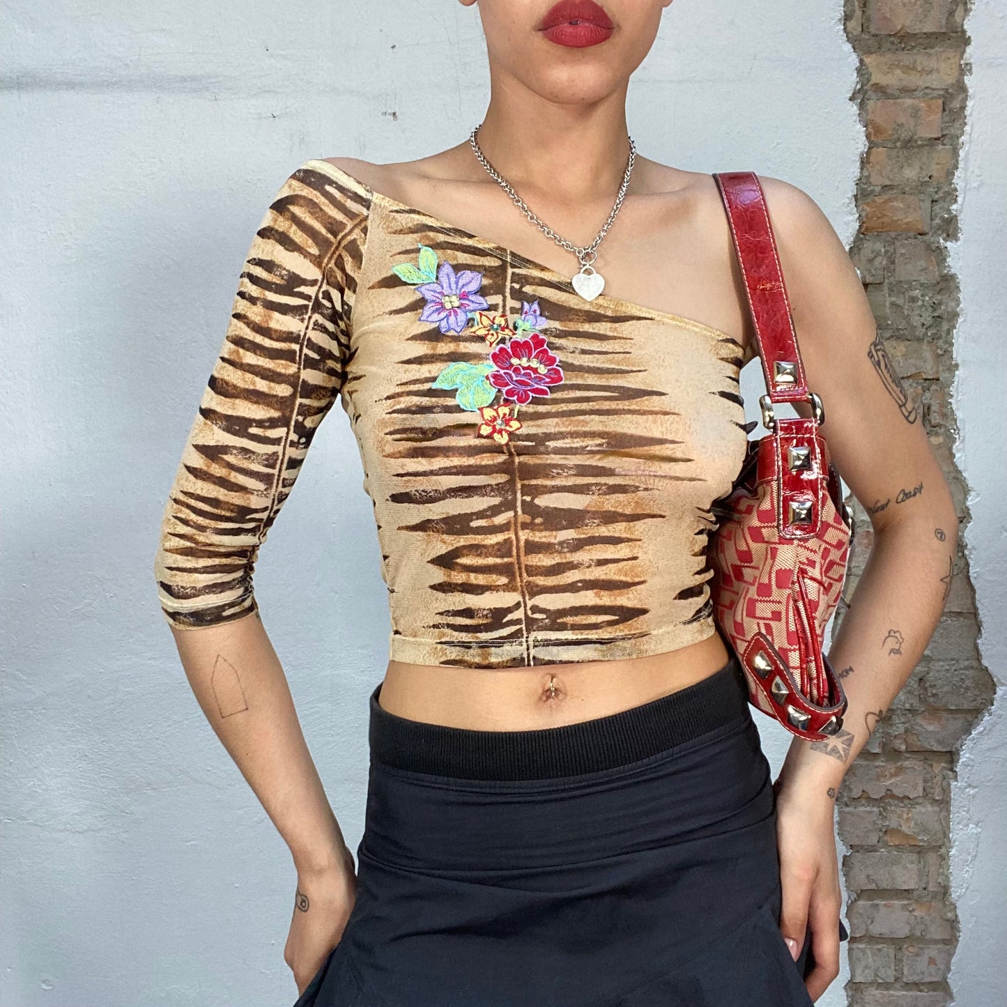 Vintage 2000's Grunge Tiger Print One Shoulder Top (Matching Skirt) (S)