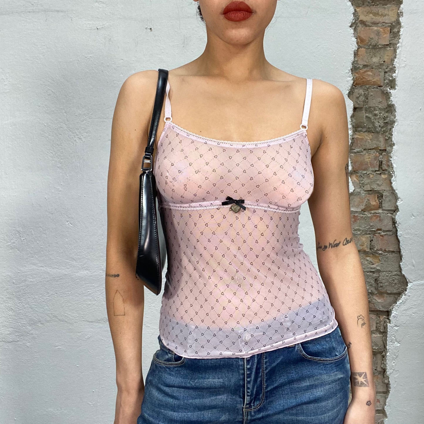 Vintage 2000's Lingerie Light Pink Mesh Cami Top with Heart Print (S)