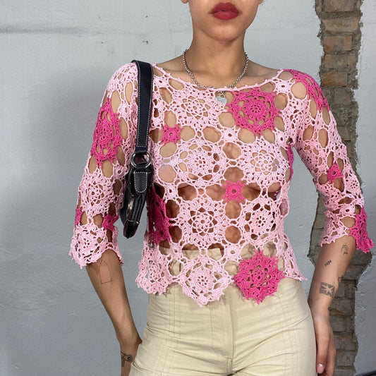 Vintage 90's Fairy Pink Floral Crochet Midi Sleeve Top (S/M)