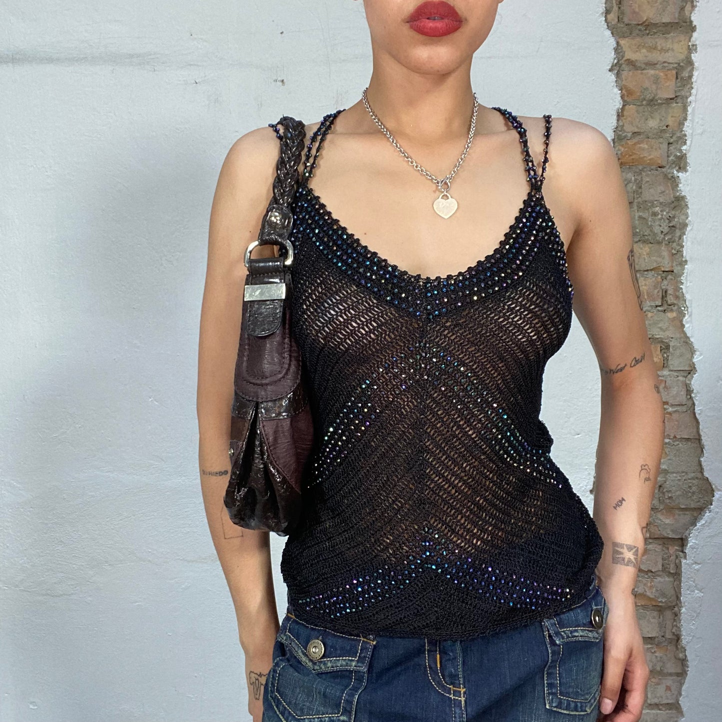 Vintage 2000's Festival Balck Crochet Top with Bead Details (S/M)