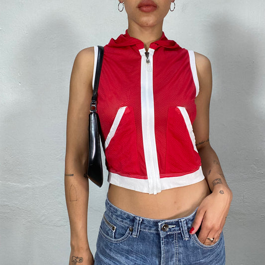 Vintage 2000's Sporty Red Net Vest With Hood and White Trim (S)