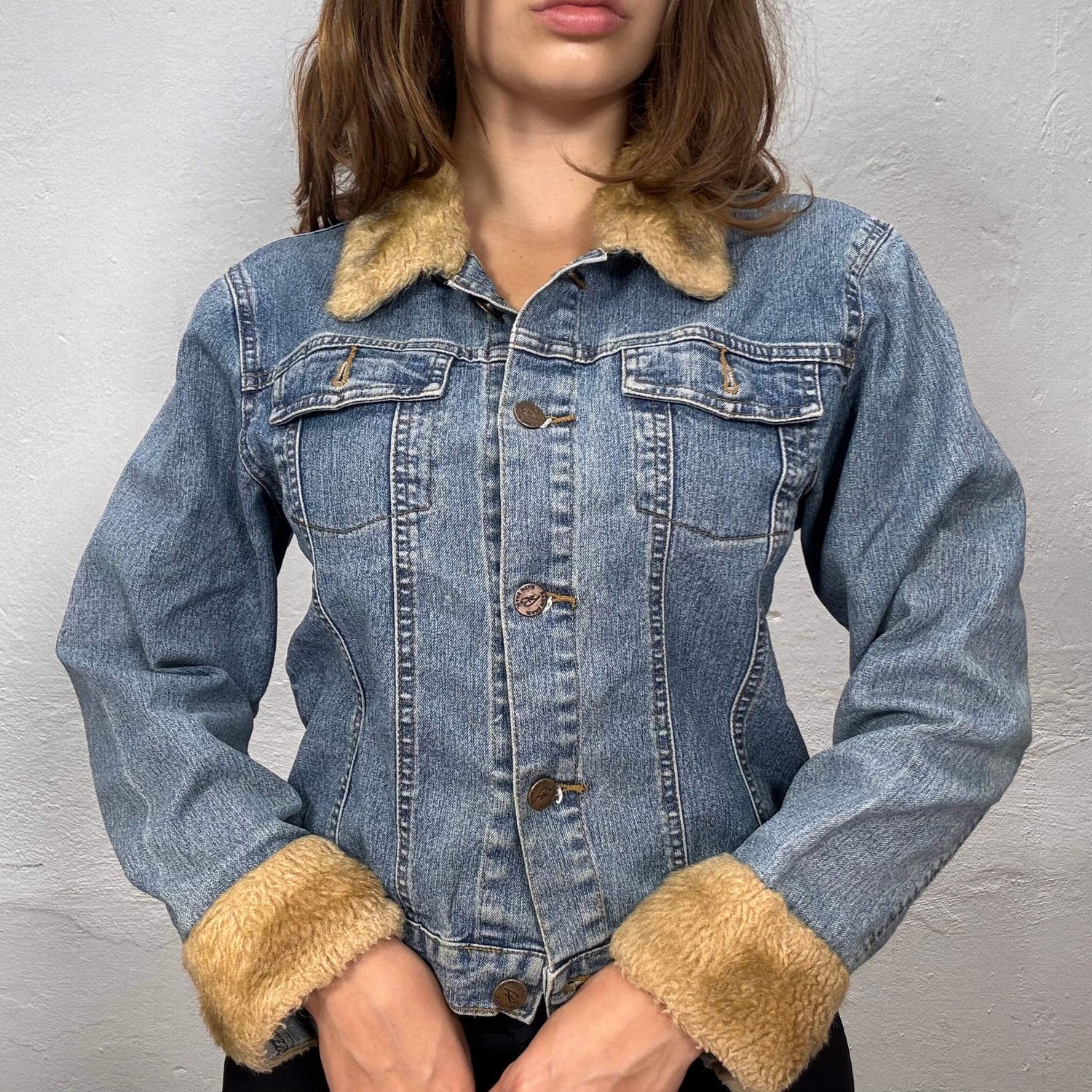 Vintage 90's Classic Denim Jacket with Faux Fur Collar and Cuff
