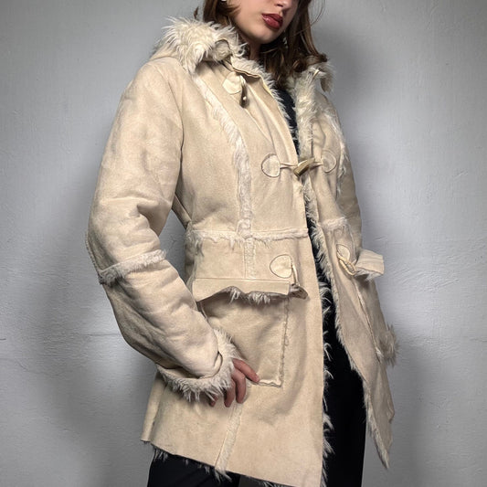 Vintage 90’s Archive Boho Beige Faux Fur Coat with Toggle Details (M)