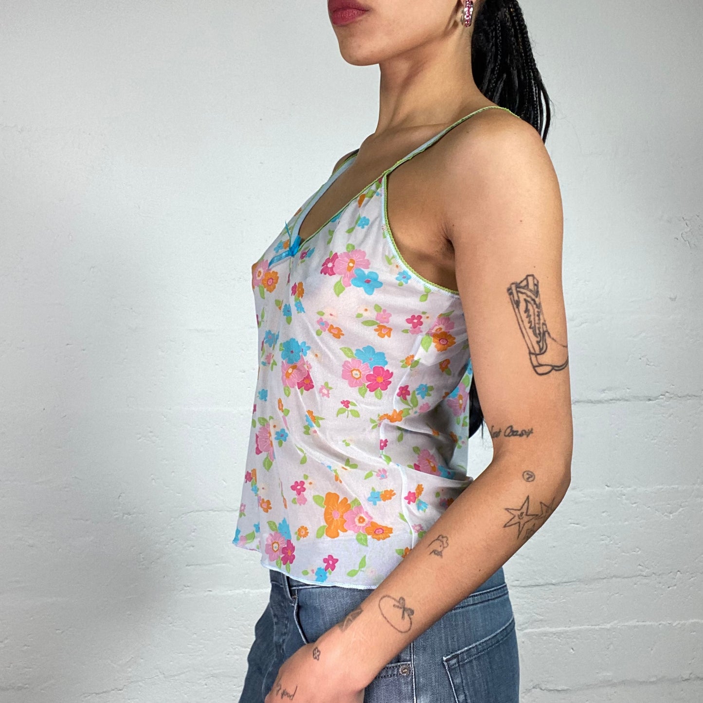 Vintage 2000's Summer Soft Girl White Mesh See Through Cami Top with Blue and Orange Mini Flowers Print (M)