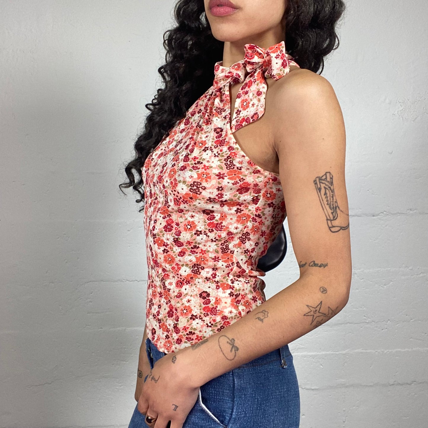 Vintage 2000's Romantic Orange Floral Print Turtleneck Sleeveless Top with Neck Ribbon (S)